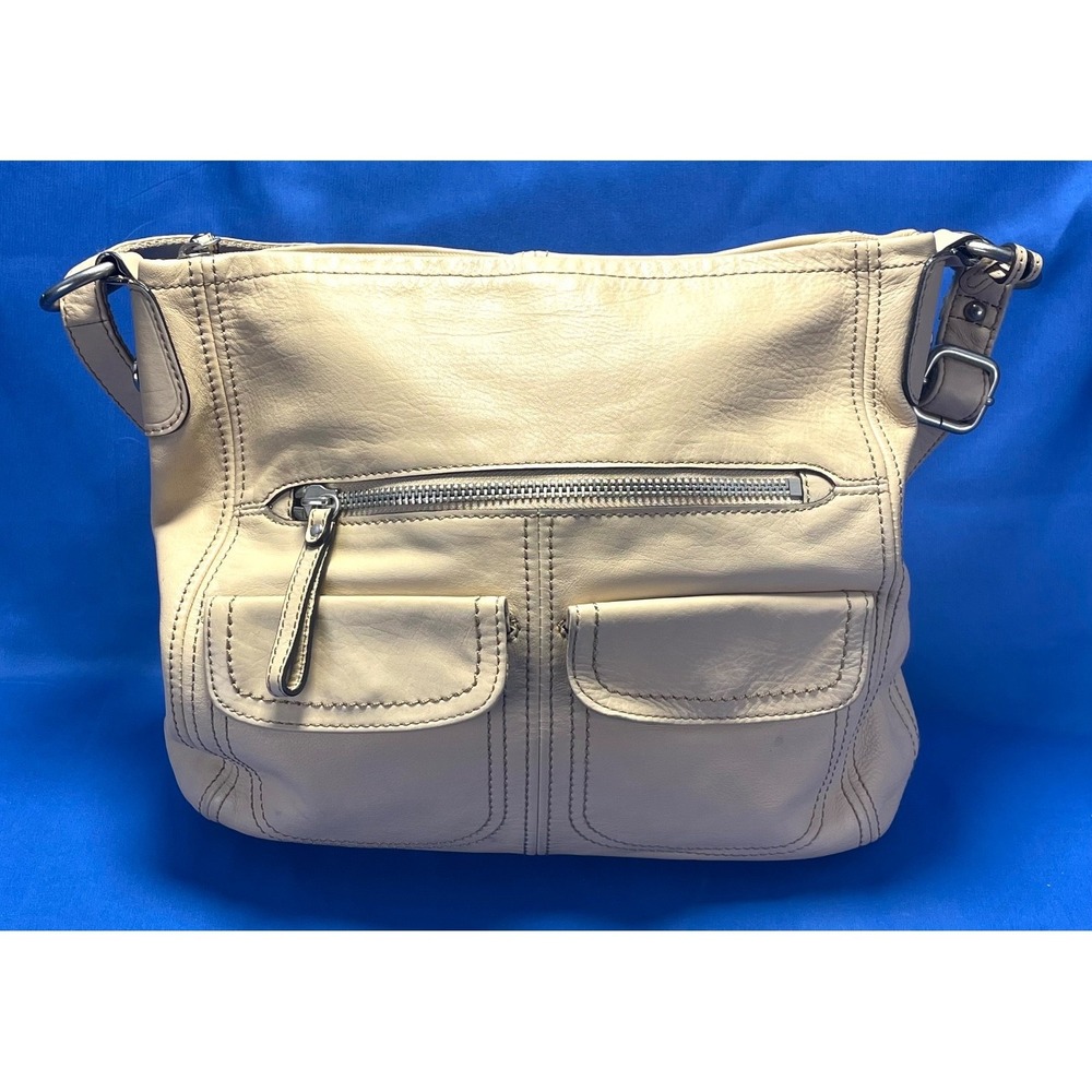 Fossil Leather Hobo Shoulder Bag Beige Tan Front Zip Pocket Slouchy Purse